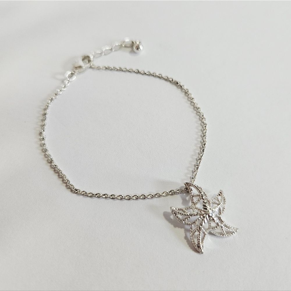 Vintage Silver Plate Chain Link Openwork Filigree Starfish Charm Bracelet Anklet